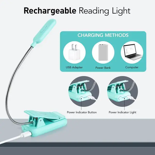 Alt view image 4 of 6 - Rechargeable Book Light, Blue Light Blocking, Amber 1600K Clip On Reading Light, Eye Care 7 LEDs Kids Book Light for Reading in Bed with Power Indicator for Bookworms (Green)