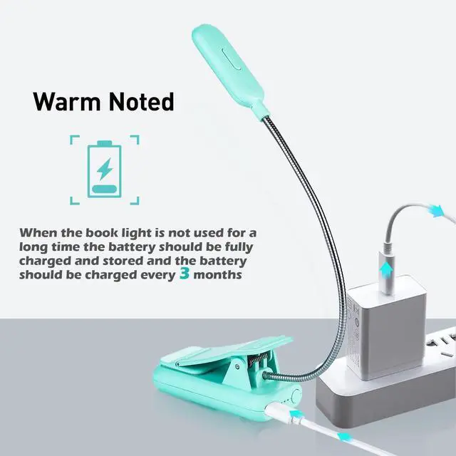 Alt view image 6 of 6 - Rechargeable Book Light, Blue Light Blocking, Amber 1600K Clip On Reading Light, Eye Care 7 LEDs Kids Book Light for Reading in Bed with Power Indicator for Bookworms (Green)