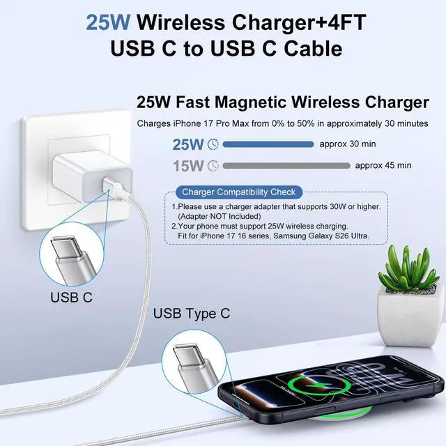 Alt view image 2 of 7 - 25W Magnetic Wireless Charger iPhone Magsafe Charger Fast Charging Pad for iPhone 17 Pro Max 17 Pro 17 17e 16 Pro Max 16 Plus 16 Pro 16 15 14 13 12, Samsung Galaxy S26 Ultra S26+ S26 S25 FE Edge S24