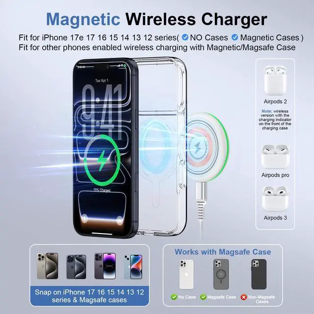 Alt view image 3 of 7 - 25W Magnetic Wireless Charger iPhone Magsafe Charger Fast Charging Pad for iPhone 17 Pro Max 17 Pro 17 17e 16 Pro Max 16 Plus 16 Pro 16 15 14 13 12, Samsung Galaxy S26 Ultra S26+ S26 S25 FE Edge S24