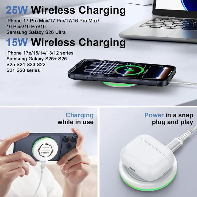 Alt view image 4 of 7 - 25W Magnetic Wireless Charger iPhone Magsafe Charger Fast Charging Pad for iPhone 17 Pro Max 17 Pro 17 17e 16 Pro Max 16 Plus 16 Pro 16 15 14 13 12, Samsung Galaxy S26 Ultra S26+ S26 S25 FE Edge S24