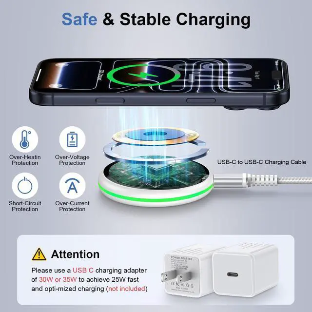 Alt view image 5 of 7 - 25W Magnetic Wireless Charger iPhone Magsafe Charger Fast Charging Pad for iPhone 17 Pro Max 17 Pro 17 17e 16 Pro Max 16 Plus 16 Pro 16 15 14 13 12, Samsung Galaxy S26 Ultra S26+ S26 S25 FE Edge S24
