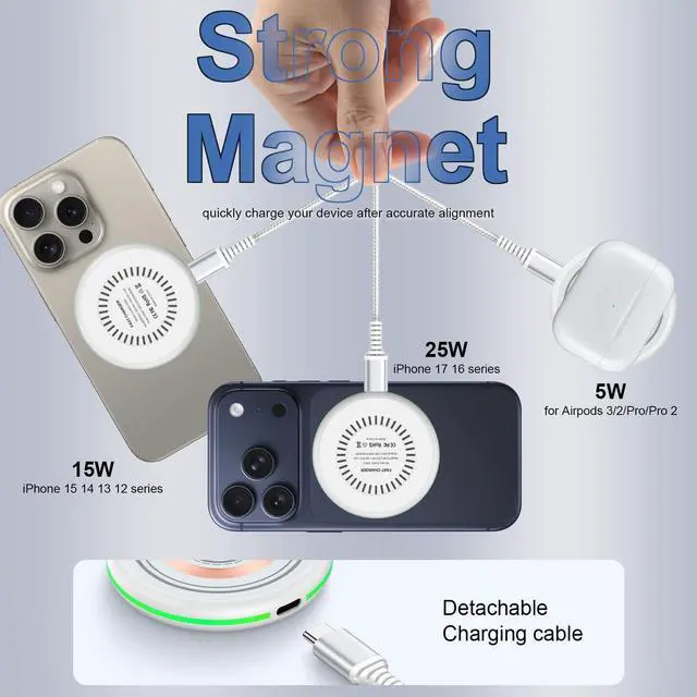 Alt view image 6 of 7 - 25W Magnetic Wireless Charger iPhone Magsafe Charger Fast Charging Pad for iPhone 17 Pro Max 17 Pro 17 17e 16 Pro Max 16 Plus 16 Pro 16 15 14 13 12, Samsung Galaxy S26 Ultra S26+ S26 S25 FE Edge S24