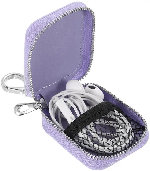 Alt view image 3 of 6 - Earbuds Cases, Earphone Case Holder, PU Leather Ear Buds Case Zipper Organizer Small with Mesh Pocket for USB Cable, Wireless Wired Earphones, Purple