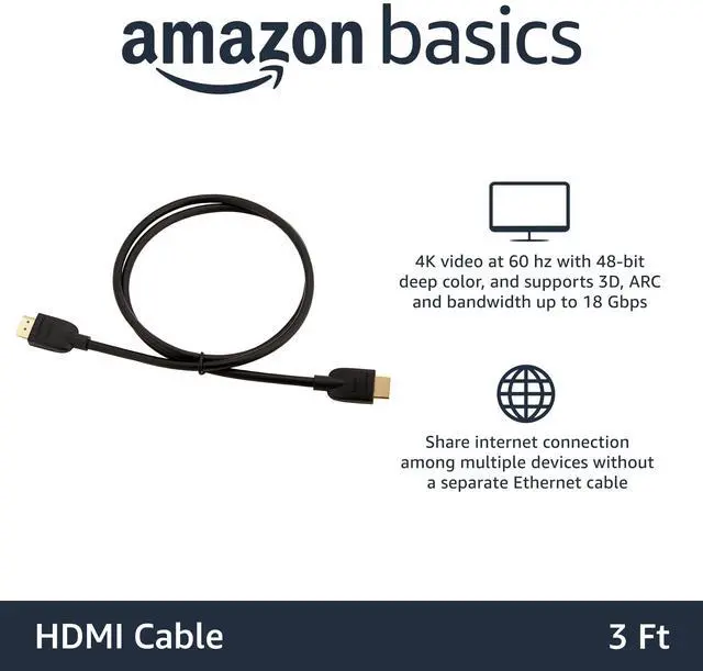 Alt view image 2 of 5 - High-Speed 4K HDMI 2.0 Cable, 3-Pack, 3ft, 18Gbps, 2160p, 48 bit, Compatible with TV/PS5/Xbox/Roku/Blu-ray, Black