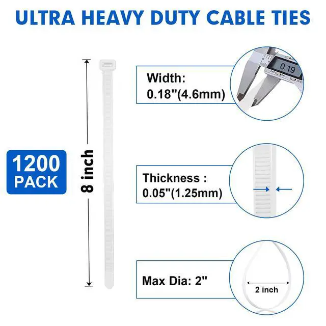 Alt view image 2 of 7 - Zip Ties, RAZCC 1200pcs Cable Zip Ties 8 Inch, Heavy Duty White Plastic Wire Ties with 50lb Tensile Strength, Self-Locking Nylon Cable Ties, Wire Management for Indoor and Outdoor
