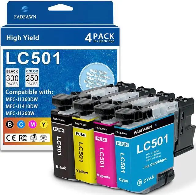 Main image of LC501 Ink Cartridges Replacement for Brother Printer LC501 LC501XL Ink Cartridges 4-Pack (1 Each of) Standard Yield Work with MFC-J1260W MFC-J1360DW MFC-J1410DW (Black, Cyan, Magenta, Yellow)