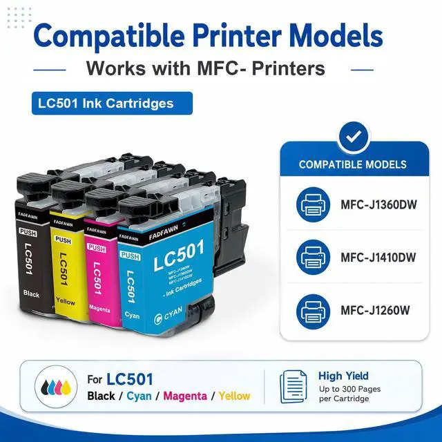 Alt view image 2 of 7 - LC501 Ink Cartridges Replacement for Brother Printer LC501 LC501XL Ink Cartridges 4-Pack (1 Each of) Standard Yield Work with MFC-J1260W MFC-J1360DW MFC-J1410DW (Black, Cyan, Magenta, Yellow)