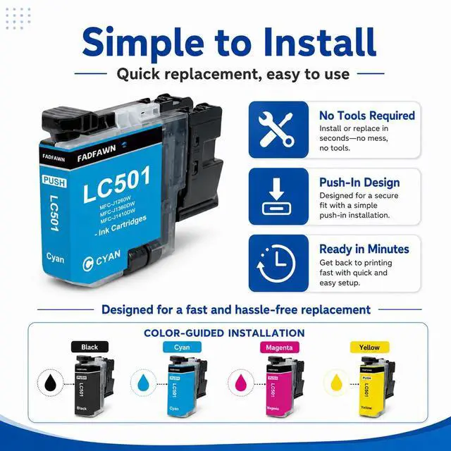 Alt view image 7 of 7 - LC501 Ink Cartridges Replacement for Brother Printer LC501 LC501XL Ink Cartridges 4-Pack (1 Each of) Standard Yield Work with MFC-J1260W MFC-J1360DW MFC-J1410DW (Black, Cyan, Magenta, Yellow)