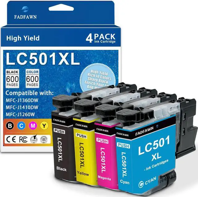 Main image of LC501XL LC501 Ink Cartridges Replacement for Brother Printer LC501BK LC501CL LC501 Series Inks Cartridges High Yield Work with MFC-J1260W MFC-J1360DW MFC-J1410DW (4-Pack, Black, Cyan, Magenta, Yellow)