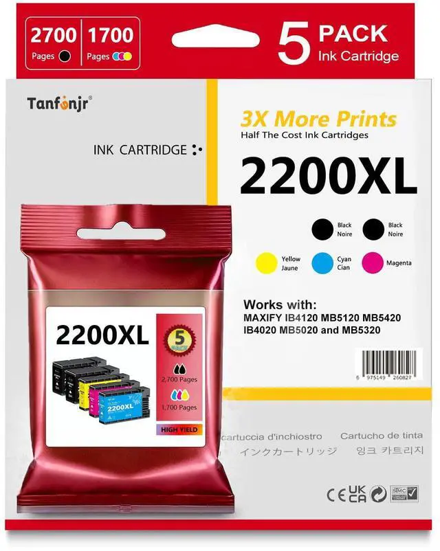 Main image of 2200XL Ink Cartridges Compatible 2200 2200XL PGI-2200 XL Ink Cartridges Replacement for Canon 2200 Ink Work with Maxify MB5020 MB5120 MB5320 MB5420 iB4020 iB4120 Printer (5 Pack-2BK/C/M/Y)