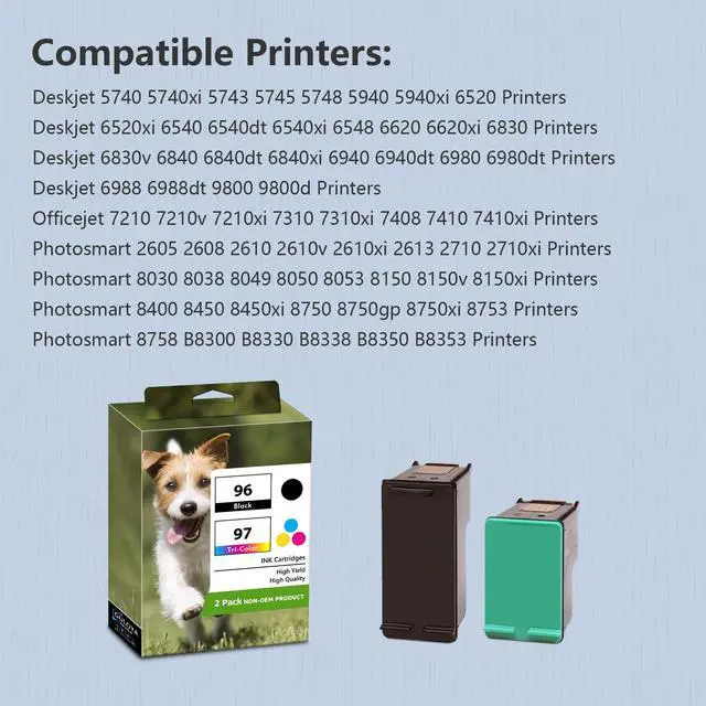 Alt view image 2 of 6 - 96XL 97XL Ink Cartridges Combo Pack (2-Pack, 1Black+1Tri-Color) for HP 96XL 97XL Ink Cartridges Work with DeskJet 5940 6840 6940 6988 9800 Photosmart 2610 2710 8050 8450 Printer