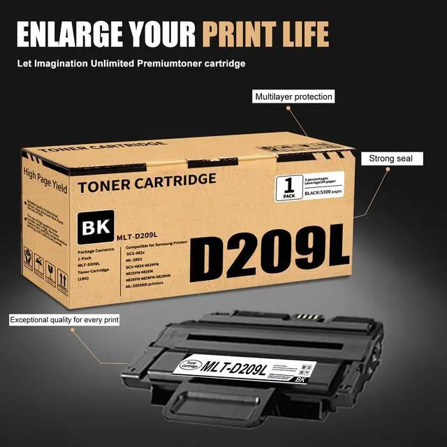 Alt view image 4 of 6 - 1 Pack MLT-D209L Toner Cartridge Compatible for Samsung SCX-4824 4824FN 4825FN 4826N 4826FN 4828FN 4828HN ML-2855ND SCX-482x ML-2853 Printer (5300 Page Yield)