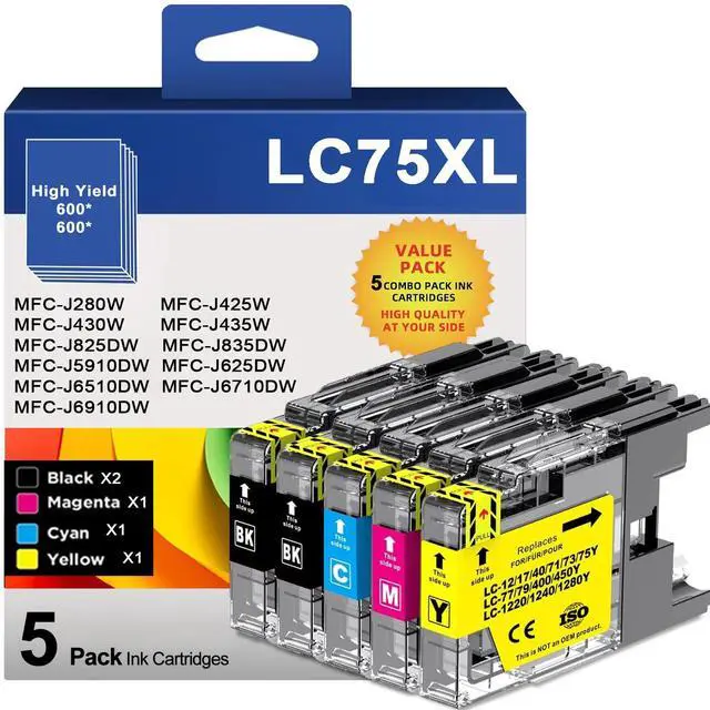 Main image of LC75 High Yield Ink Cartridge Replacement for Brother LC75 LC71 LC79 XL Use with MFC-J6510DW MFC-J6710DW MFC-J6910DW MFC-J280W MFC-J425W (2 Black, Cyan, Magenta, Yellow) 5 Pack