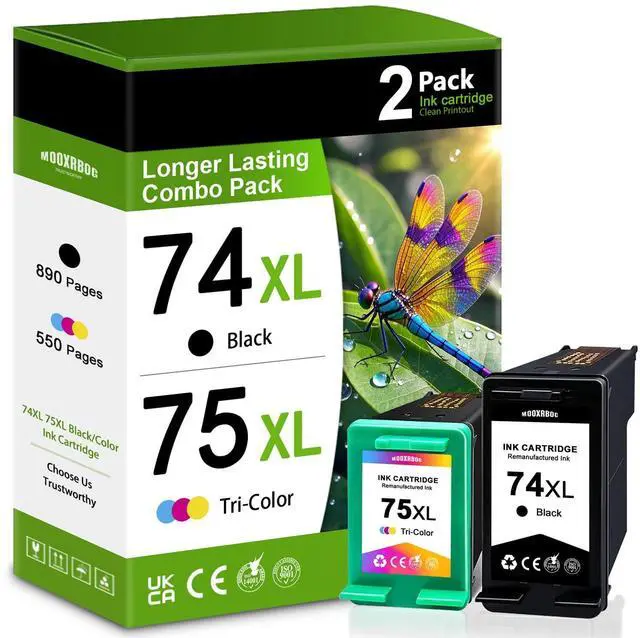 Main image of 74XL 75XL Ink Cartridges Combo Pack Compatible with HP 74 75 Ink Replacement for Photosmart C4210 C4240 C4250 DeskJet D4260 D4280 OfficeJet J5740 J5750 J6450 Printer (2-Pack, 1Black 1Tri-Color)
