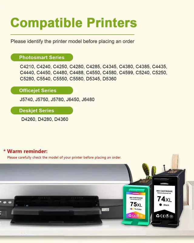 Alt view image 2 of 6 - 74XL 75XL Ink Cartridges Combo Pack Compatible with HP 74 75 Ink Replacement for Photosmart C4210 C4240 C4250 DeskJet D4260 D4280 OfficeJet J5740 J5750 J6450 Printer (2-Pack, 1Black 1Tri-Color)