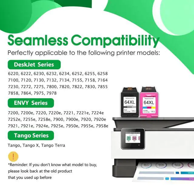 Alt view image 2 of 7 - 64 XL High Yield Ink Cartridges 2-Pack(Black/Tri-Color) Replacement for HP Envy Photo 7800 7855 7858 7100 7155 6200 6255 Tango X Series