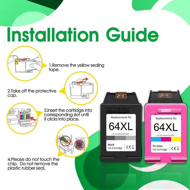 Alt view image 4 of 7 - 64 XL High Yield Ink Cartridges 2-Pack(Black/Tri-Color) Replacement for HP Envy Photo 7800 7855 7858 7100 7155 6200 6255 Tango X Series