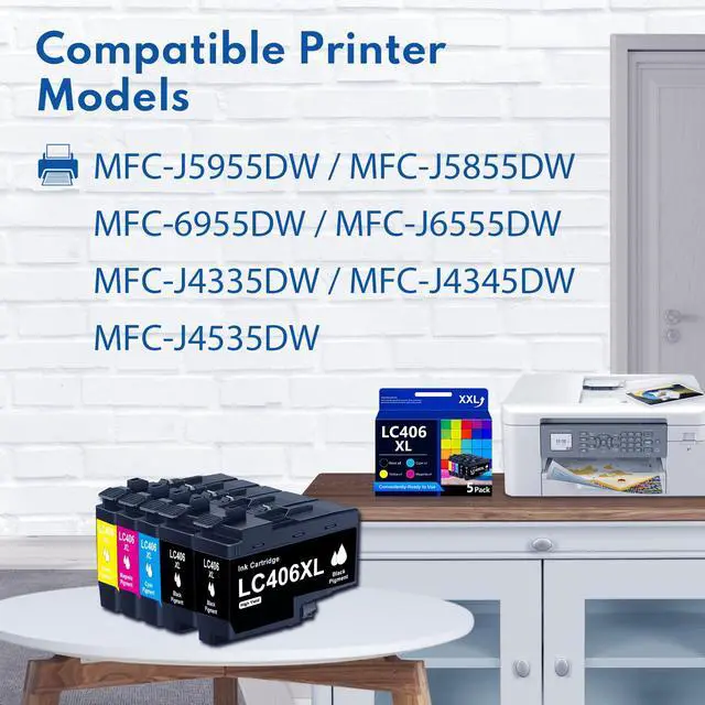Alt view image 2 of 7 - LC406XL High Yield Ink Cartridges 5-Pack Replacement for Brother LC406 LC406XL Work with MFC-J5955DW MFC-J6555DW MFC-6955DW MFC-J4535DW MFC-J5855DW MFC-J4345DW Printer (2Black, Cyan, Magenta, Yellow)