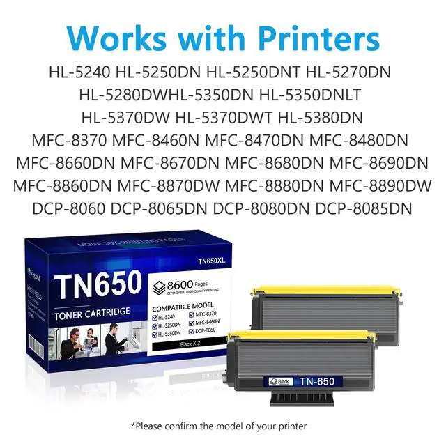 Alt view image 2 of 7 - TN-650 High Yield Toner Cartridge Black Replacement for Brother TN650 Toner Cartridge TN650XL HL-5240 HL-5250DN MFC-8370 MFC-8460N DCP-8060 Toner (2 Pack)