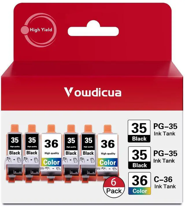 Main image of PGI-35 CLI-36 Ink Cartridge High Yield (6-Pack, 4 Black, 2 Color) Vowdic Compatible Replacement for Canon 35 36 Ink Cartridge to use with PIXMA iP100, iP110, TR150 Printer