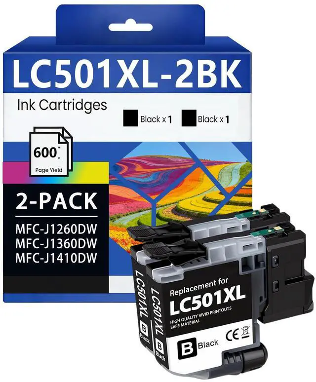 Main image of LC501XL LC501XLBK High Yield Ink Cartridges Compatible for Brother LC501 LC501 XL MFC-J1360DW MFC-J1260W MFC-J1410DW Printer (2 Black)