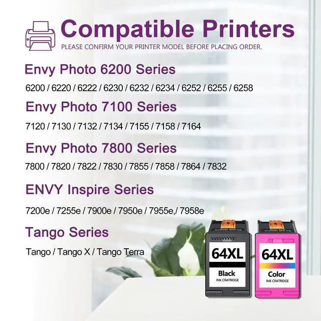 Alt view image 2 of 6 - 64xl Black and Color Ink Cartridge Replacement for HP 64XL Ink Cartridge Pack for Envy Photo 7855 7858 7800 7100 7155 6255 7164 Inspire 7255e 7955e 7958e 7900e Tango, 2-Pack