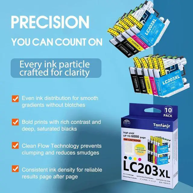 Alt view image 6 of 7 - LC203XL High Yield Ink Cartridges Combo Pack 10-Pack (4BK/2C/2M/2Y) Replacement for Brother MFC-J480DW MFC-J880DW MFC-J4420DW MFC-J680DW MFC-J885DW Printer Ink