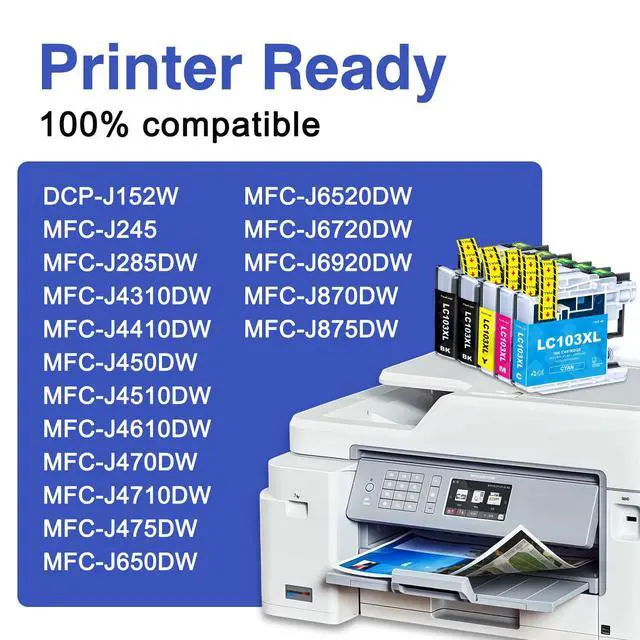 Alt view image 2 of 7 - LC103XL High Yield Ink Cartridges 4-Pack (BK/C/M/Y) Replacement for Brother LC101 LC101XL LC103 LC103XL Ink, Work with MFC-J870DW MFC-J6920DW MFC-J6520DW Printer