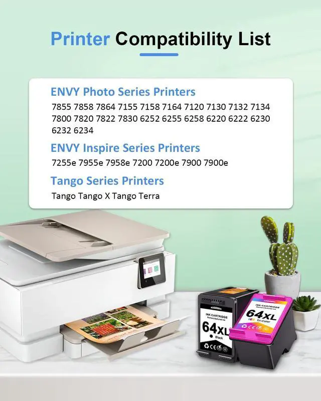 Alt view image 2 of 6 - 64XL Ink Cartridges Black/Tri-Color Combo Pack (2-Pack) Compatible 64XL Ink Cartridges Replacement for Envy Photo 7855 7858 7800 7100 7155 6255 7164 Inspire 7255e 7955e 7958e 7900e Printer