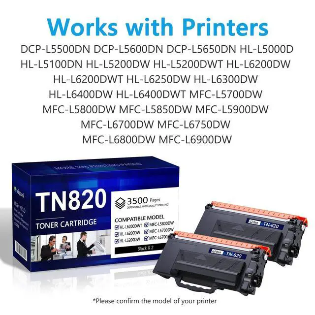 Alt view image 2 of 7 - TN820 Toner Cartridge Black 2-Pack Replacement for Brother TN-820 TN 820 Toner for HL-L6200DW MFC-L5850DW MFC-L5700DW HL-L5200DW MFC-L5900DW Printer Up to 3,500 Pages