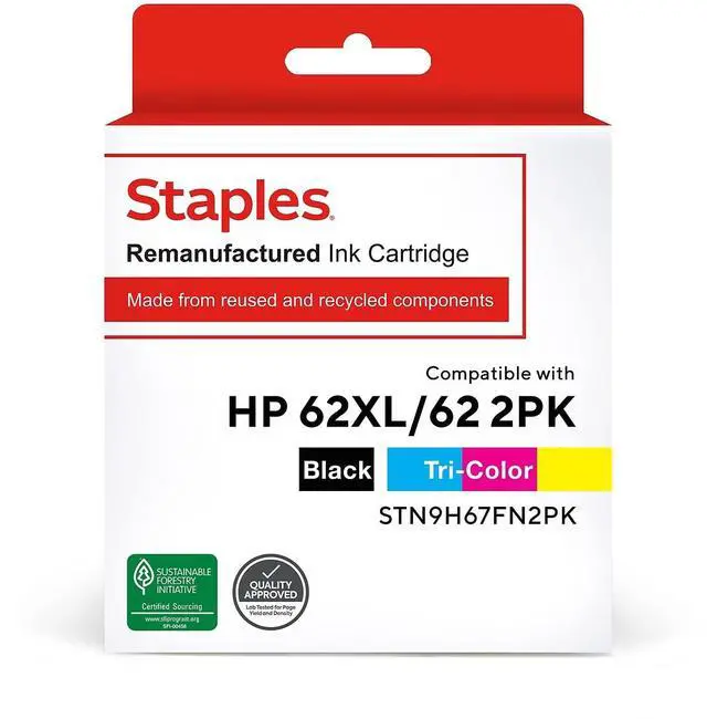 Main image of Remanufactured 62XL/62 Ink Cartridges Black/Tri-Color High Yield/Standard Replacement for HP 62XL/62 (2-Pack)