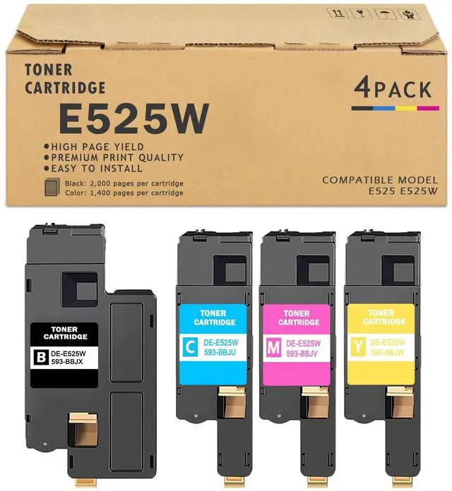 Main image of E525W Toner Cartridge Replacement for Dell E525 525w to use with DELL E525w Wireless Color Printer for 593-BBJX 593-BBJU 593-BBJV 593-BBJW (Black Cyan Magenta Yellow, 4 Pack)