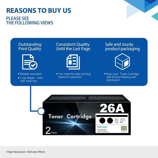 Alt view image 6 of 7 - 26A CF226A Black Toner Cartridge with Chip 2-Pack Replacement for HP 26A CF226A Works with Laser Pro M402d M402n M402dw M402dne MFP M426m M426dw M426fdw M427dw Printer