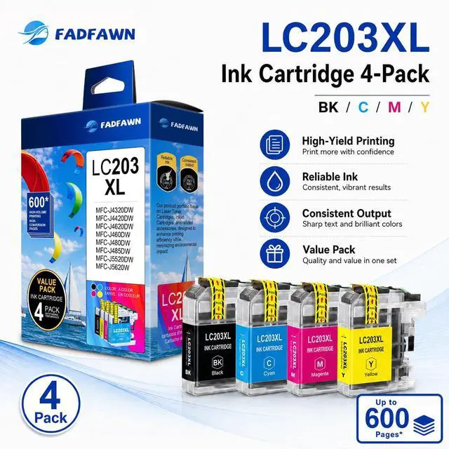 Alt view image 2 of 7 - LC203XL LC203 Ink Cartridges Replacement for Brother Printer LC203 LC201 XL Ink Cartridges High Yield Work With MFC-4320DW MFC-J460DW MFC-J480DW MFC-J485DW MFC-J680DW MFC-J885DW (4-Pack, BK/C/M/Y)