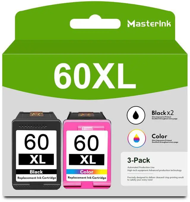 Main image of 60XL Ink Cartridges Combo Pack Color Replacement for HP 60XL 60 Black High-yield Ink Cartridge Works with DeskJet D2500 D5560 ENVY 100 110 120 PhotoSmart C4780 C4700 Printer (3Pack, 2Black 1Tri-Color)