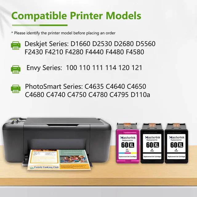 Alt view image 2 of 7 - 60XL Ink Cartridges Combo Pack Color Replacement for HP 60XL 60 Black High-yield Ink Cartridge Works with DeskJet D2500 D5560 ENVY 100 110 120 PhotoSmart C4780 C4700 Printer (3Pack, 2Black 1Tri-Color)