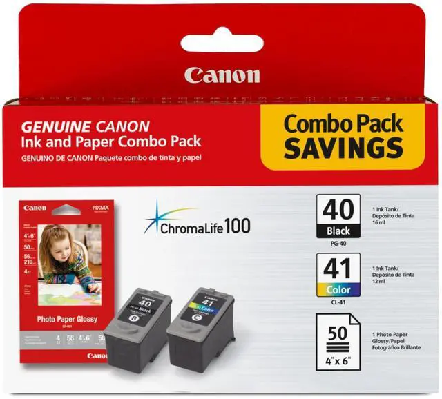 Main image of PG-40/CL-41 Genuine Black Ink and Color Cartridge Value Pack with 50-Sheet Photo Paper, Compatible with iP2600/1800/1700/1600, MX310/300, MP470/460/450/210/170/160/150/140/180/190, JX200/210P
