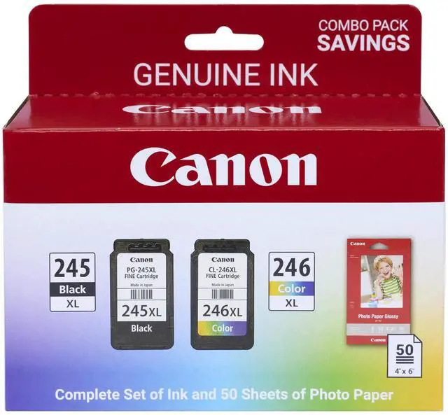 Main image of PG-245 XL / CL-246 XL Genuine Ink Value Pack (2 Cartridges) with 50-Sheet Photo Paper, Compatible with iP2820, MG2420/2924/2920/3020/2522/2525, MX492, TS3120/302/302a/202/202a/4520/3320