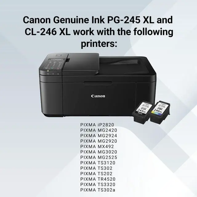 Alt view image 6 of 7 - PG-245 XL / CL-246 XL Genuine Ink Value Pack (2 Cartridges) with 50-Sheet Photo Paper, Compatible with iP2820, MG2420/2924/2920/3020/2522/2525, MX492, TS3120/302/302a/202/202a/4520/3320