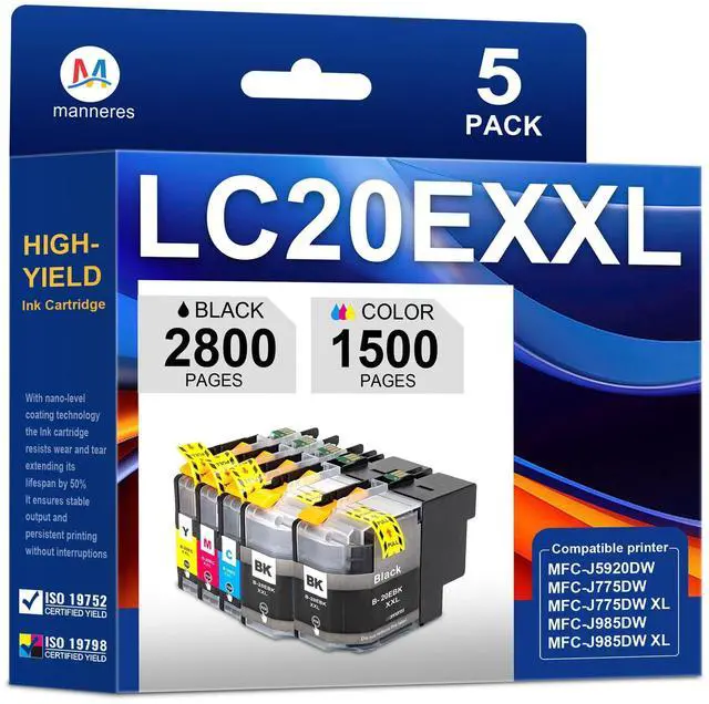 Main image of LC20EXXL Ink Cartridge High Yield Replacement for Brother LC20E XXL LC20EXXL Ink Cartridges for MFC-J5920DW MFC-J775DW MFC-J775DWXL MFC-J985DW MFC-J985DWXL Printer(5Pack,2BK/1C/1Y/1M)