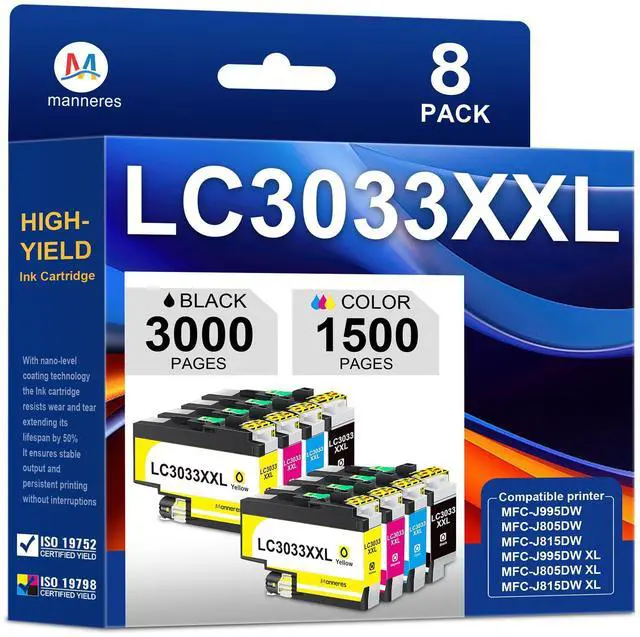 Main image of LC3033XXL Ultra High Yield Ink Cartridges Replacement for Brother LC3033 Ink LC3033 XXL for MFC-J995DW MFC-J805DW MFC-J815DW Printer 8-Pack(2BK/2C/2M/2Y)