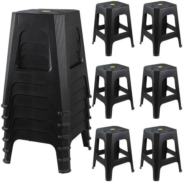 Main image of 6-Pack Plastic Stacking Backless Stools, Plastic Square Stool, Black | stable supportive legs, textured seating surface, uilt-in grip hole, easy storage stacking design