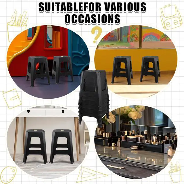 Alt view image 6 of 7 - 6-Pack Plastic Stacking Backless Stools, Plastic Square Stool, Black | stable supportive legs, textured seating surface, uilt-in grip hole, easy storage stacking design