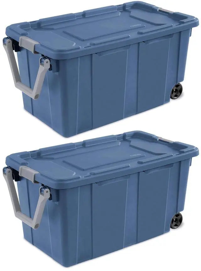 Main image of Industrial Storage Tote with Wheels, Blue, Heavy-Duty Plastic, 40 Gallon, Latching Lid, Stackable, 36.75x21.38x18 Inch, 2 Pack