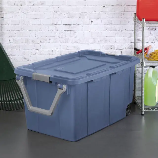 Alt view image 3 of 7 - Industrial Storage Tote with Wheels, Blue, Heavy-Duty Plastic, 40 Gallon, Latching Lid, Stackable, 36.75x21.38x18 Inch, 2 Pack