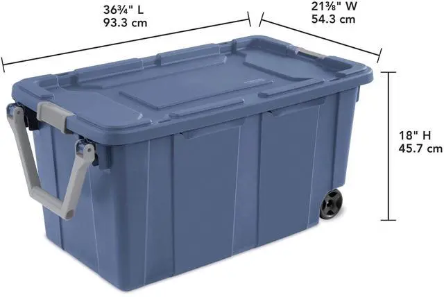 Alt view image 2 of 7 - Industrial Storage Tote with Wheels, Blue, Heavy-Duty Plastic, 40 Gallon, Latching Lid, Stackable, 36.75x21.38x18 Inch, 2 Pack