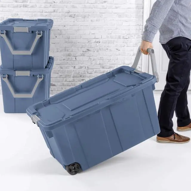 Alt view image 4 of 7 - Industrial Storage Tote with Wheels, Blue, Heavy-Duty Plastic, 40 Gallon, Latching Lid, Stackable, 36.75x21.38x18 Inch, 2 Pack