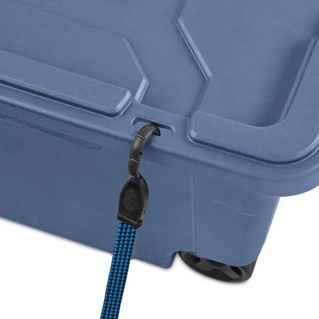 Alt view image 6 of 7 - Industrial Storage Tote with Wheels, Blue, Heavy-Duty Plastic, 40 Gallon, Latching Lid, Stackable, 36.75x21.38x18 Inch, 2 Pack