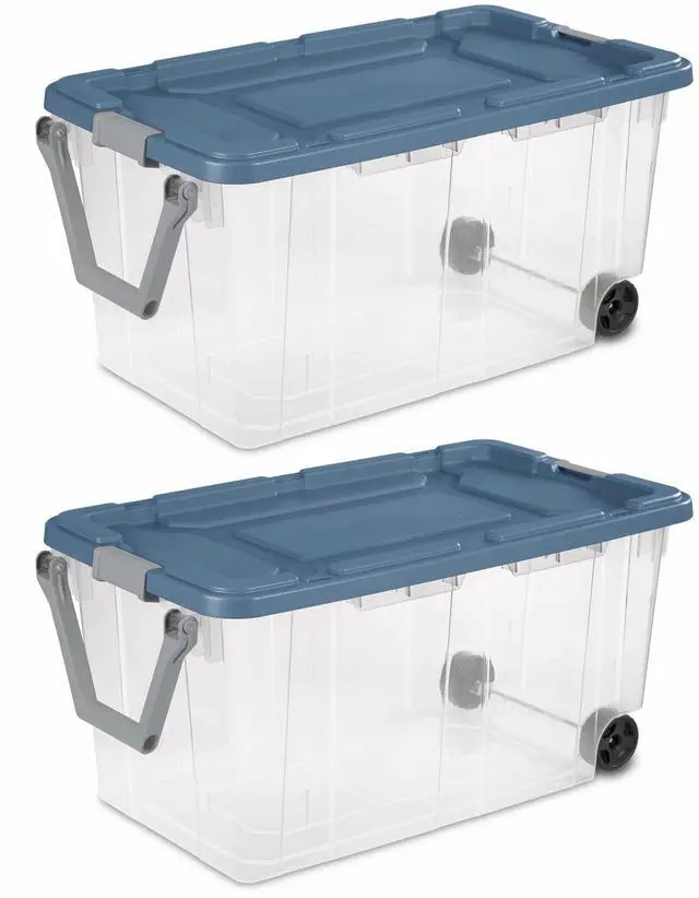 Main image of Wheeled Storage Box, Clear Plastic with Blue Lid, 160 Quart Capacity, Stackable Container with Latches, Heavy Duty Wheels, 36.75x21.38x18 Inch, 2 Pack